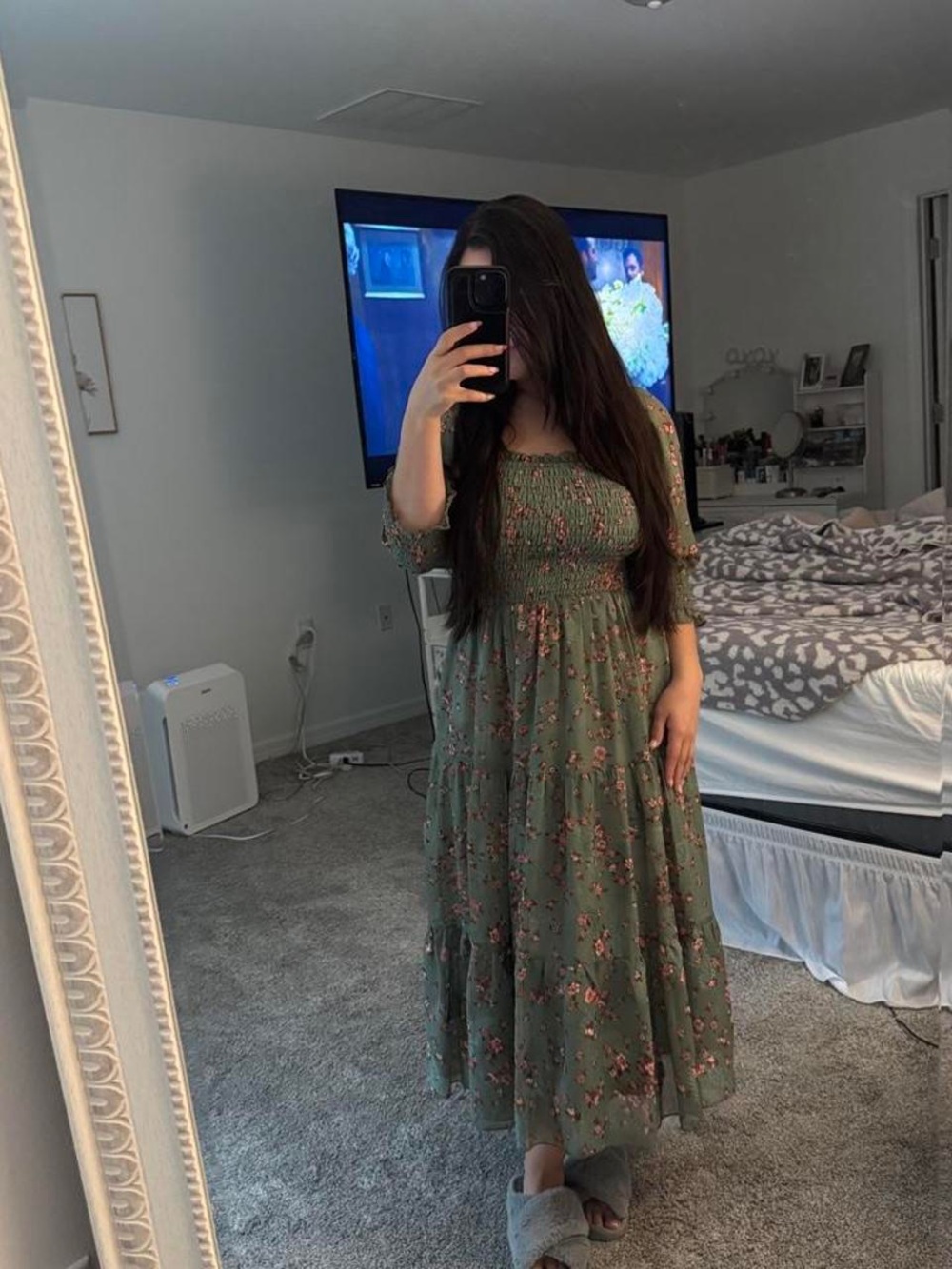 Green Floral Smocked Midi Dress - Women
